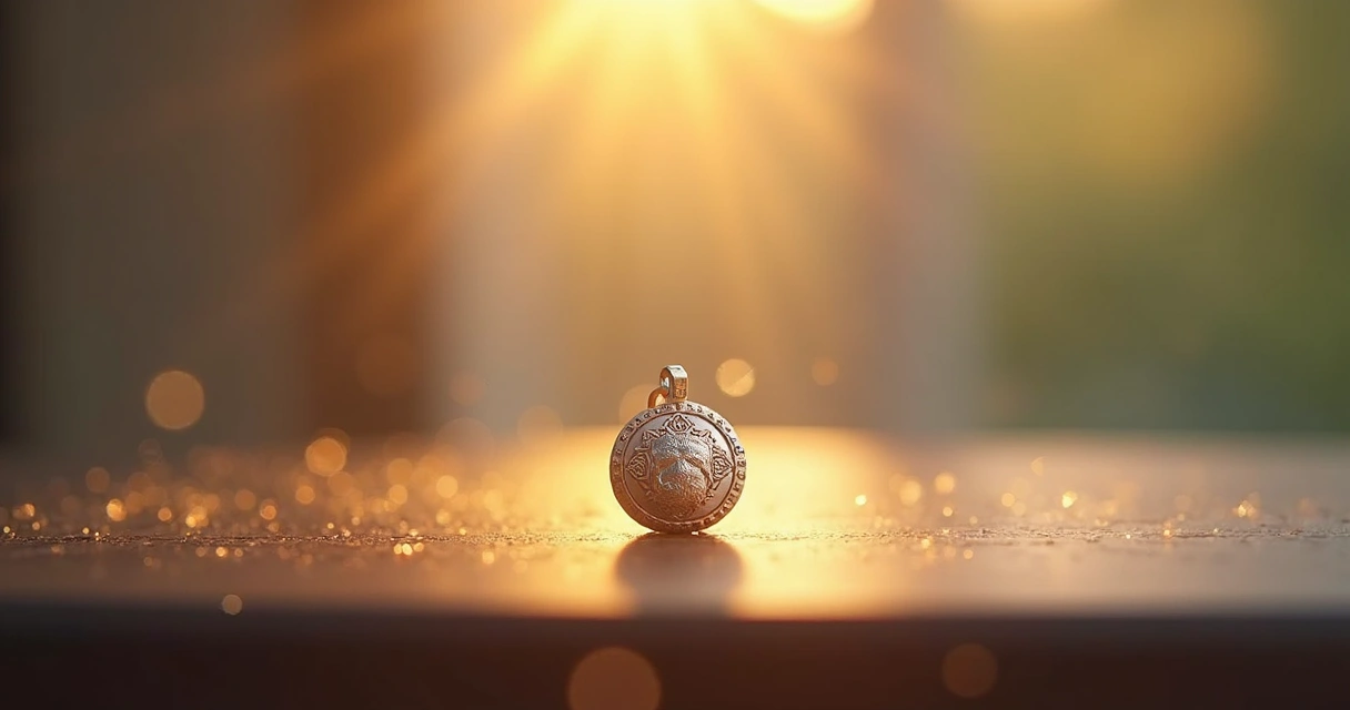 Amuleto prateado luminoso em fundo suave 