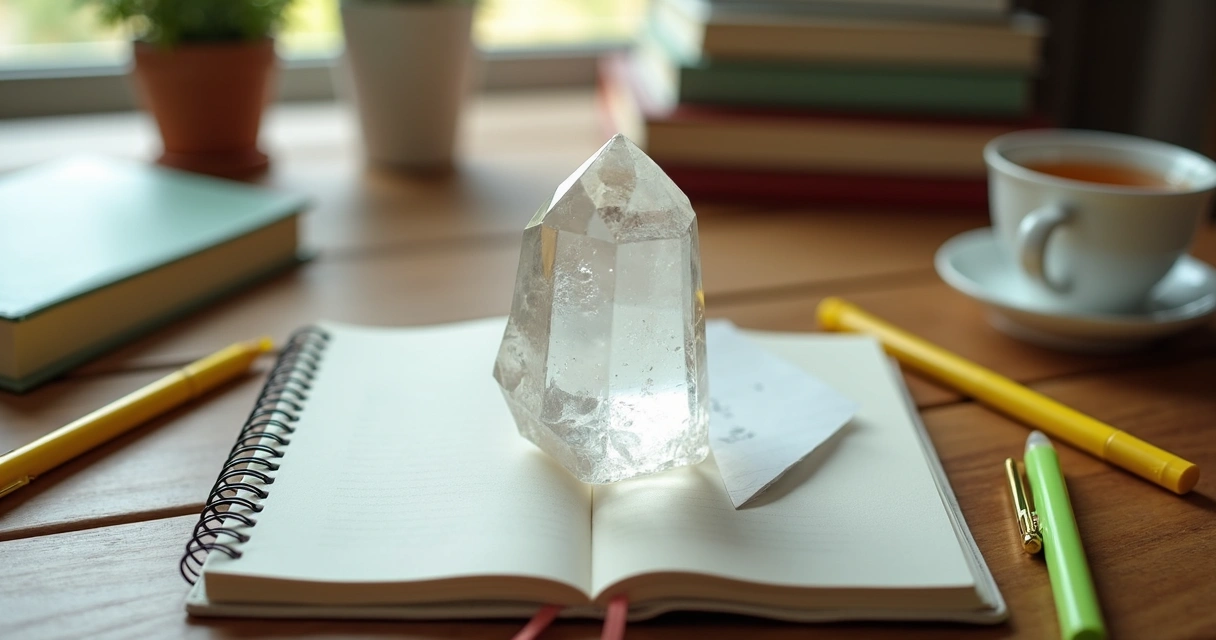 Cristal transparente sobre caderno de estudos com luz suave