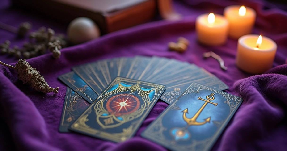 Cartas de baralho cigano com destaque à Âncora e símbolos espirituais 