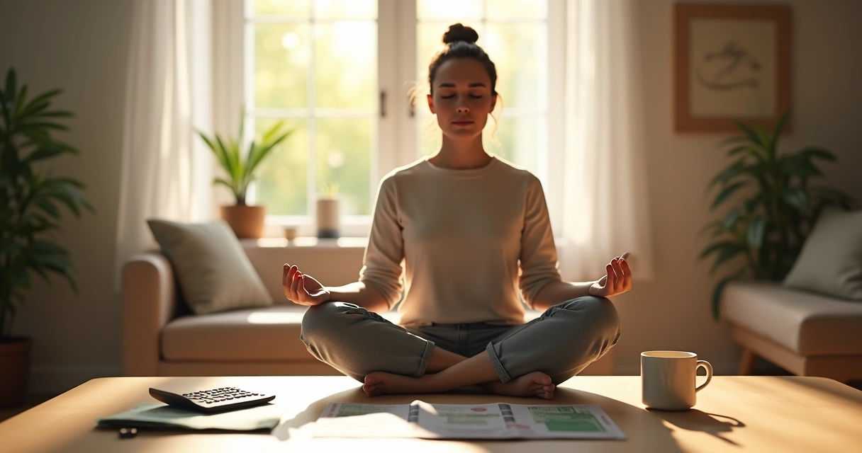 Pessoa sentada em meditação tranquila em um ambiente iluminado por luz suave entrando pela janela, com papéis e uma calculadora sobre a mesa ao lado 