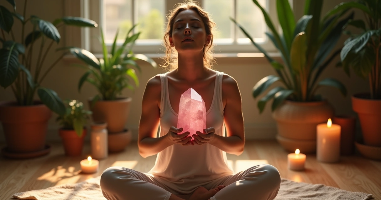 Mãos femininas segurando cristal em ritual de ancoragem emocional 