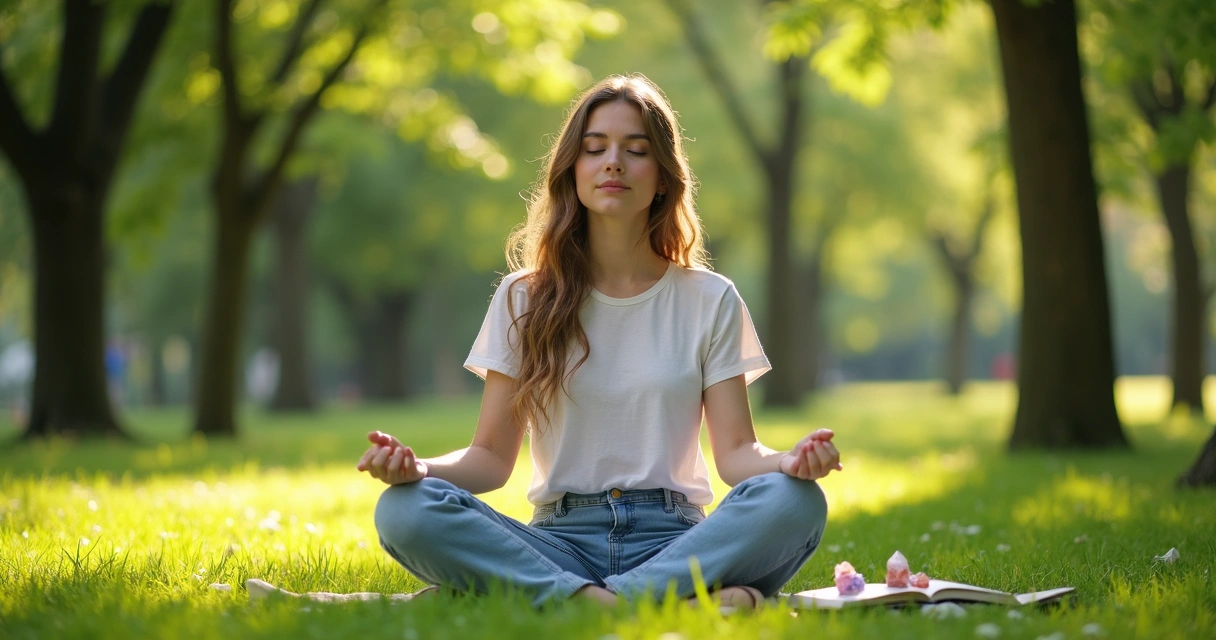 Pessoa sentada na grama em contato com a natureza, olhos fechados, mãos tocando o solo.