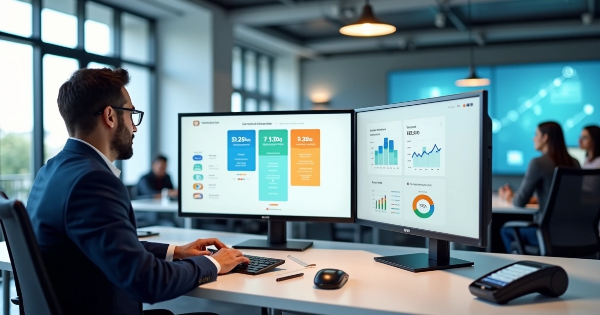 Executivo de fintech analisando telas com preços de maquininhas e planos de pagamentos 