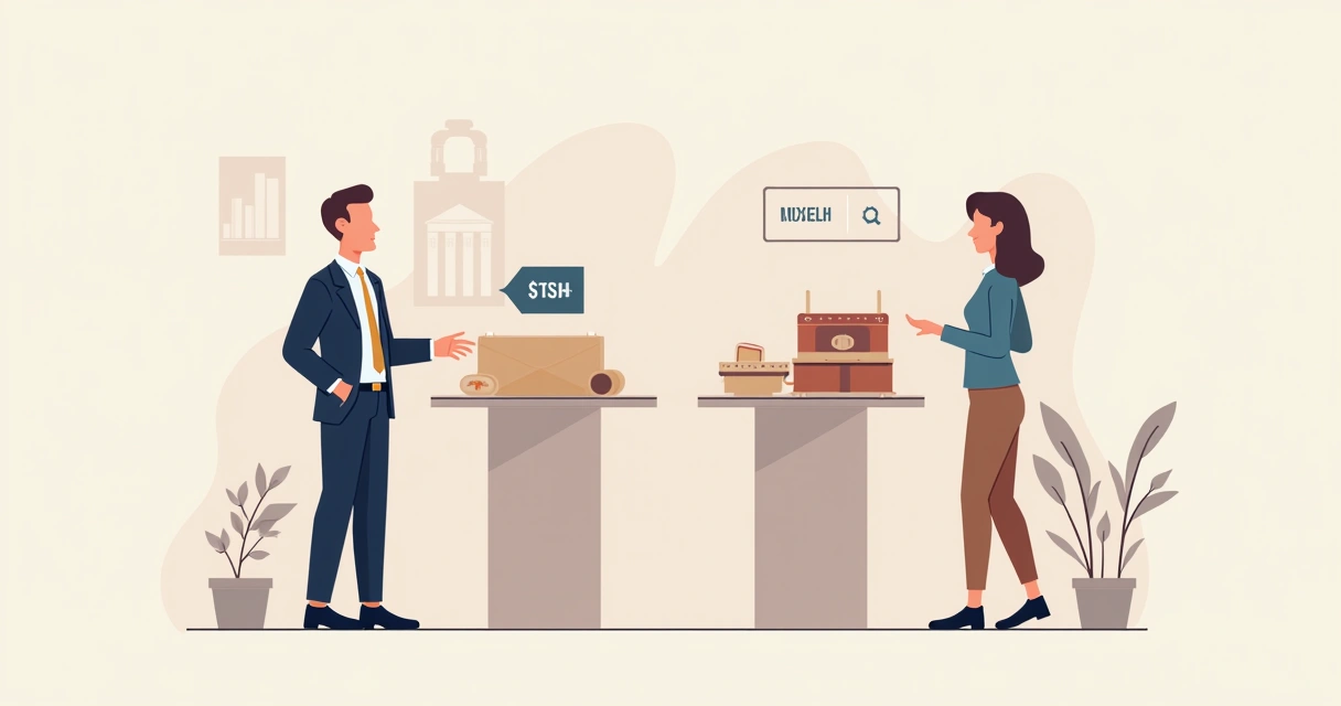 Duas placas de preços lado a lado, uma alta e uma baixa; vendedor apresenta a opção premium a um cliente em loja corporativa 