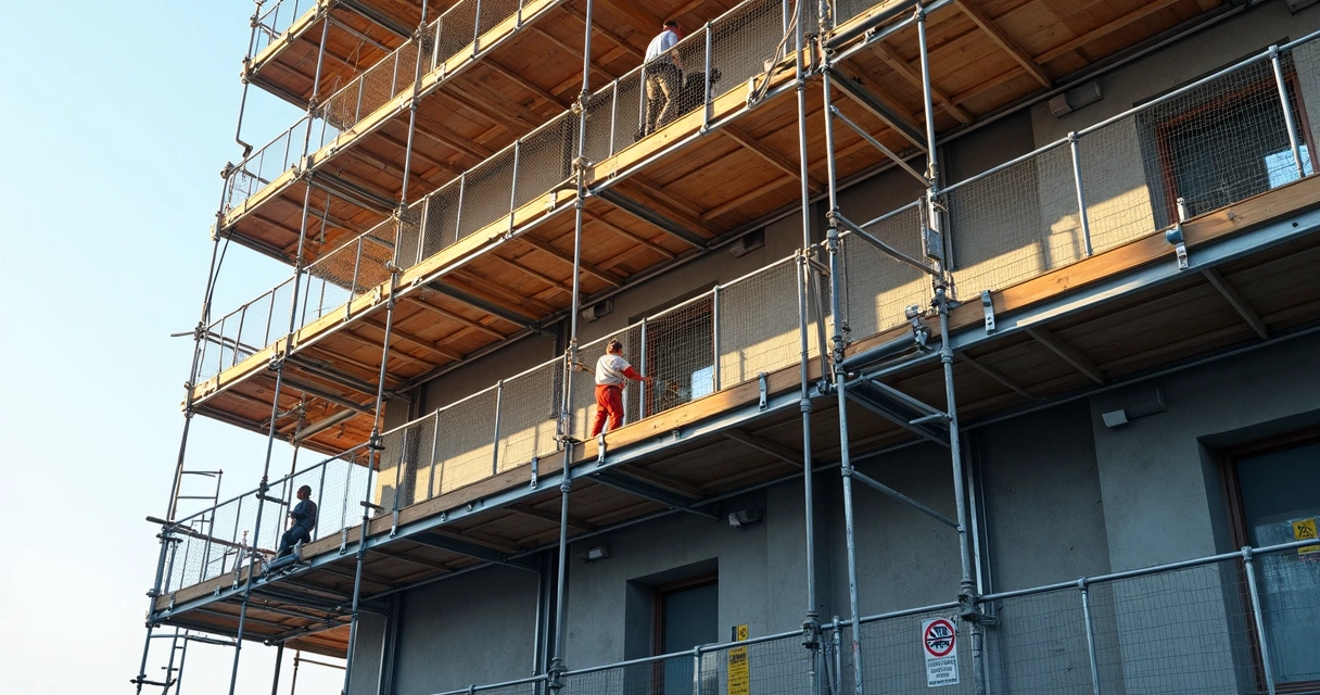 Andaime montado com proteção lateral e sinalização