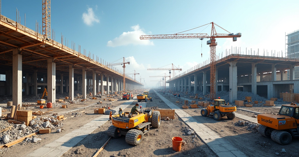 Vista panorâmica de canteiro de obras com equipamentos e trabalhadores 