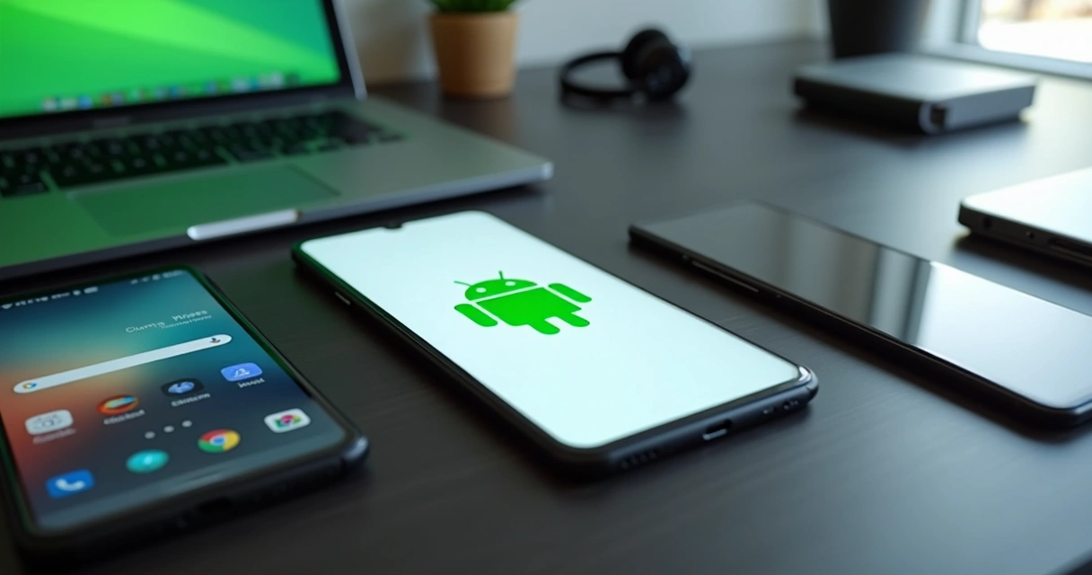 Celular moderno com tela exibindo o logo do Android ao lado de outros smartphones 