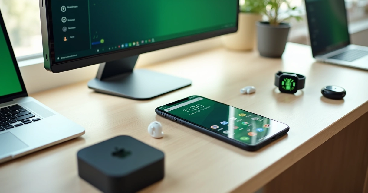 Vários dispositivos modernos com sistema Android sobre mesa de madeira clara 