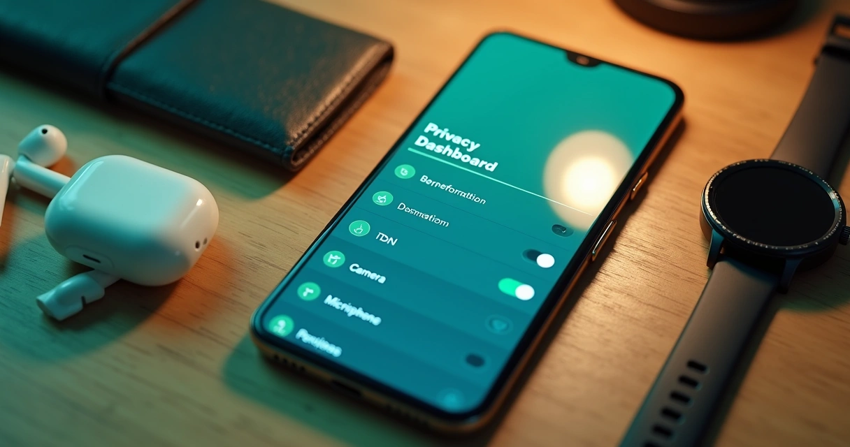 Android phone showing privacy dashboard on a wooden table 
