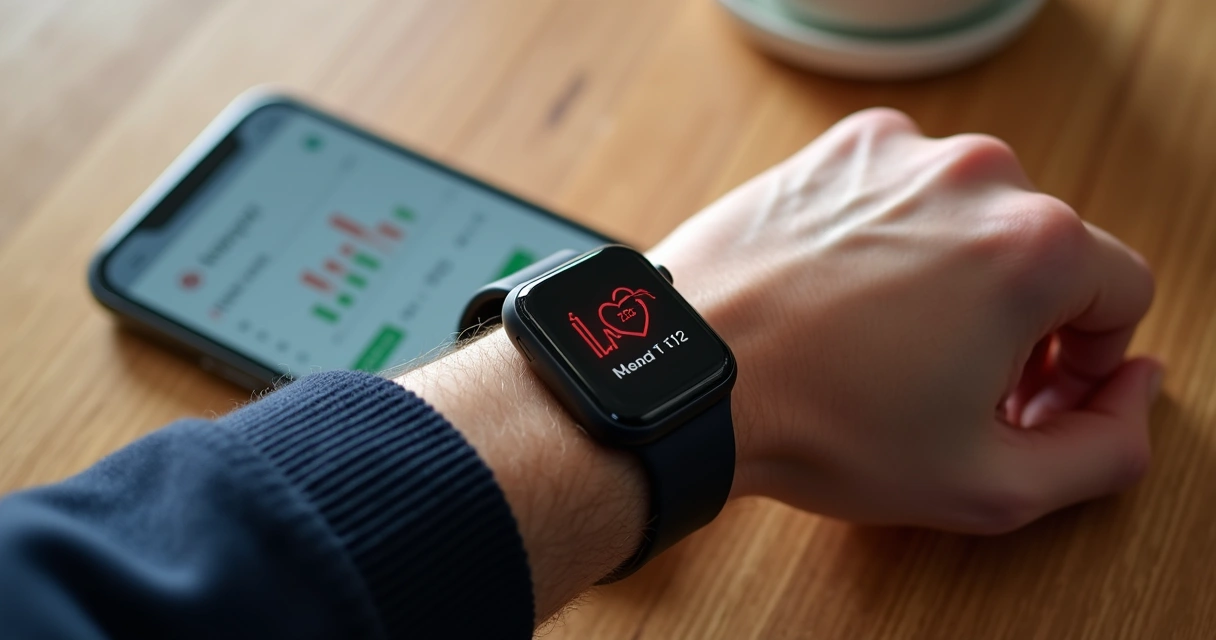 Pessoa usando smartwatch sincronizado com smartphone Android mostrando monitor de batimentos cardíacos 