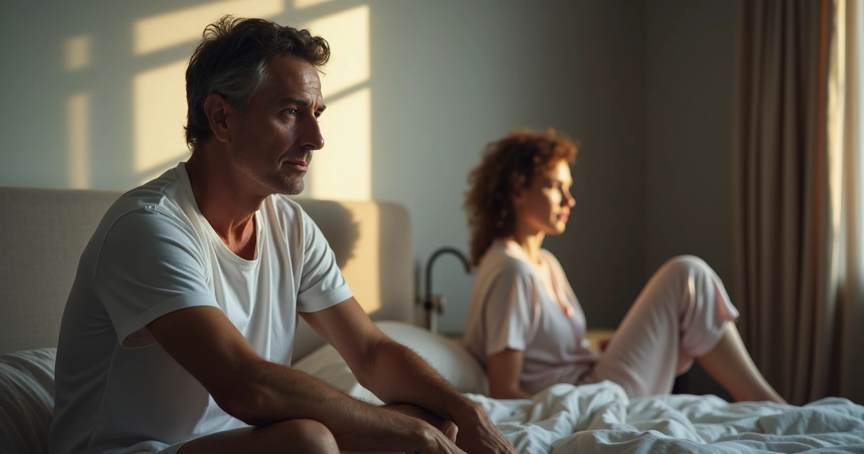 Homem de expressão pensativa sentado na cama ao lado de uma mulher de costas 