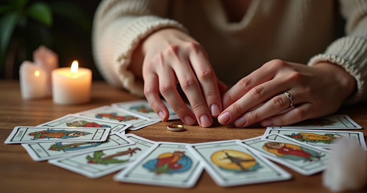 Baralho Cigano aberto, duas mãos unidas e um anel dourado em destaque