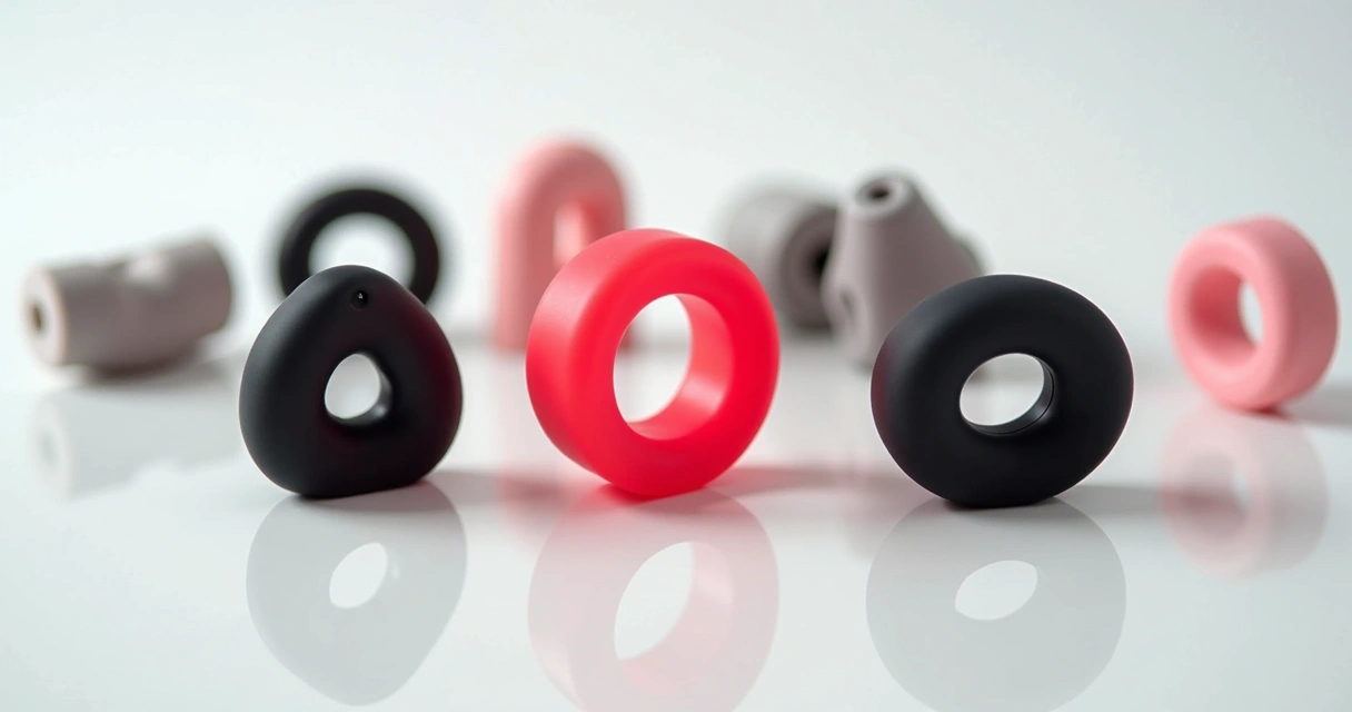 Anéis penianos de silicone em diferentes modelos, vibratórios e tradicionais, sobre superfície branca minimalista 