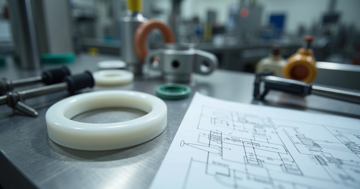 Anel de PTFE em bancada industrial com equipamentos de vedação 
