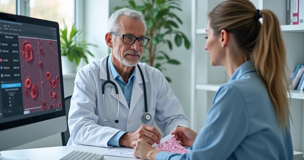 Médico hematologista explicando exame de sangue para paciente com anemia persistente 