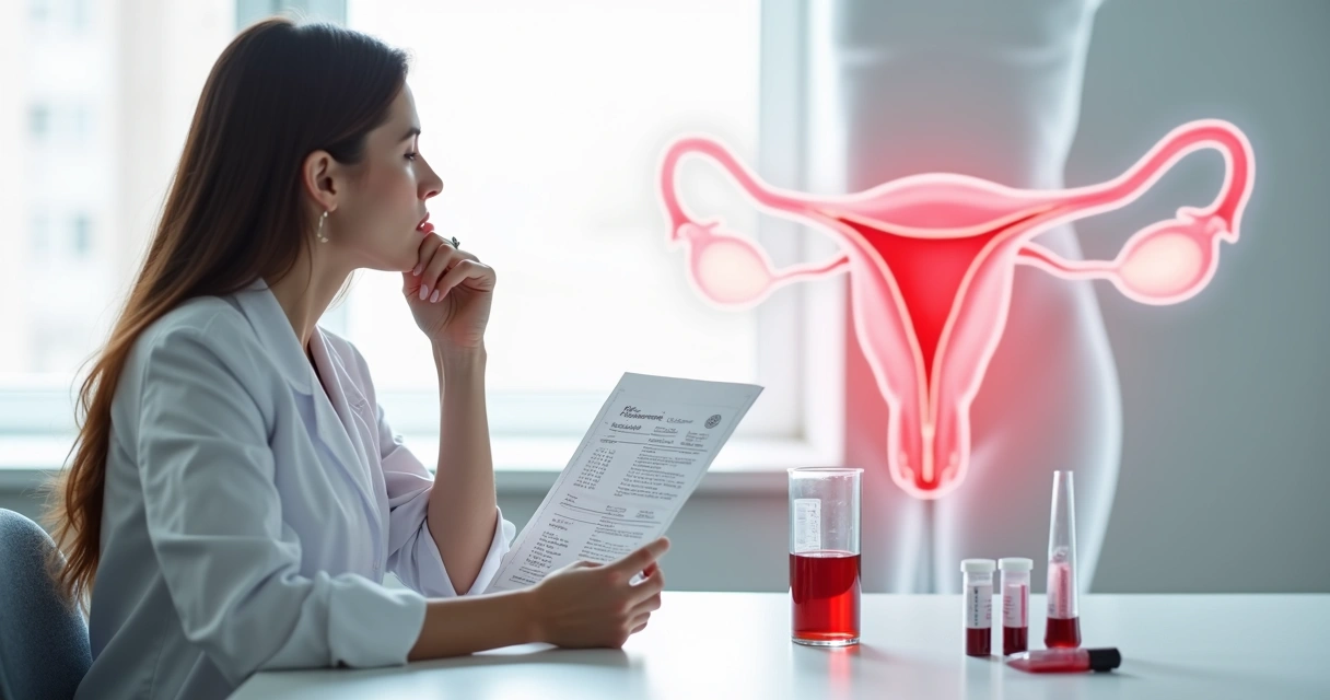 Mulher analisando exame de sangue ao lado de ilustração digital do útero 