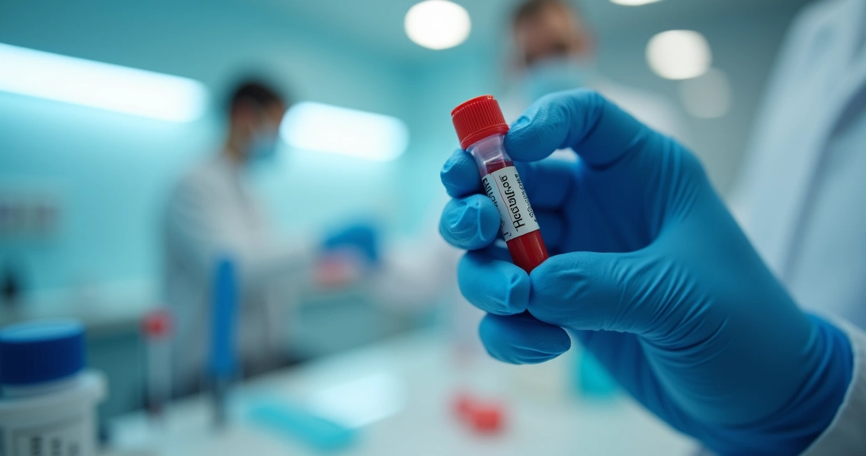 Mão segurando tubo de exame de sangue com etiqueta de hemograma 