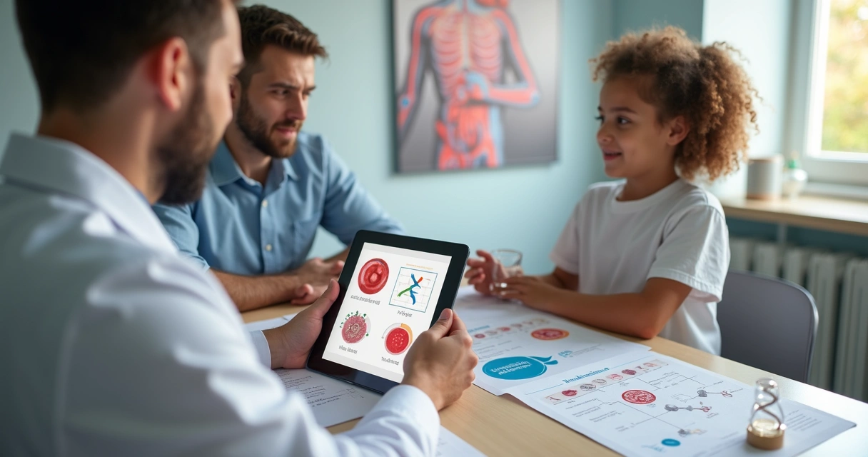 Médico mostra a pai e filha gráficos comparando anemia falciforme e talassemia 