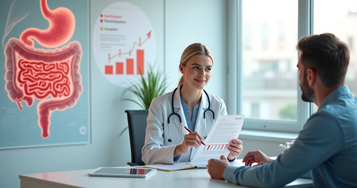 Médica gastroenterologista analisando exame de sangue ao lado de ilustração do intestino e células vermelhas 