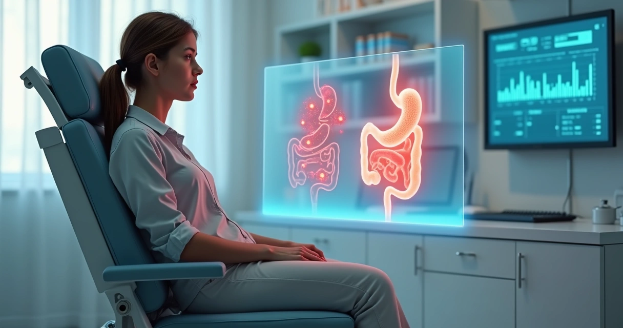 Paciente anêmico sentado com painel transparente mostrando sistema digestivo e hemácias em detalhe 