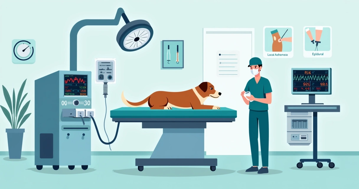 Veterinário monitorando cão anestesiado em centro cirúrgico veterinário moderno 