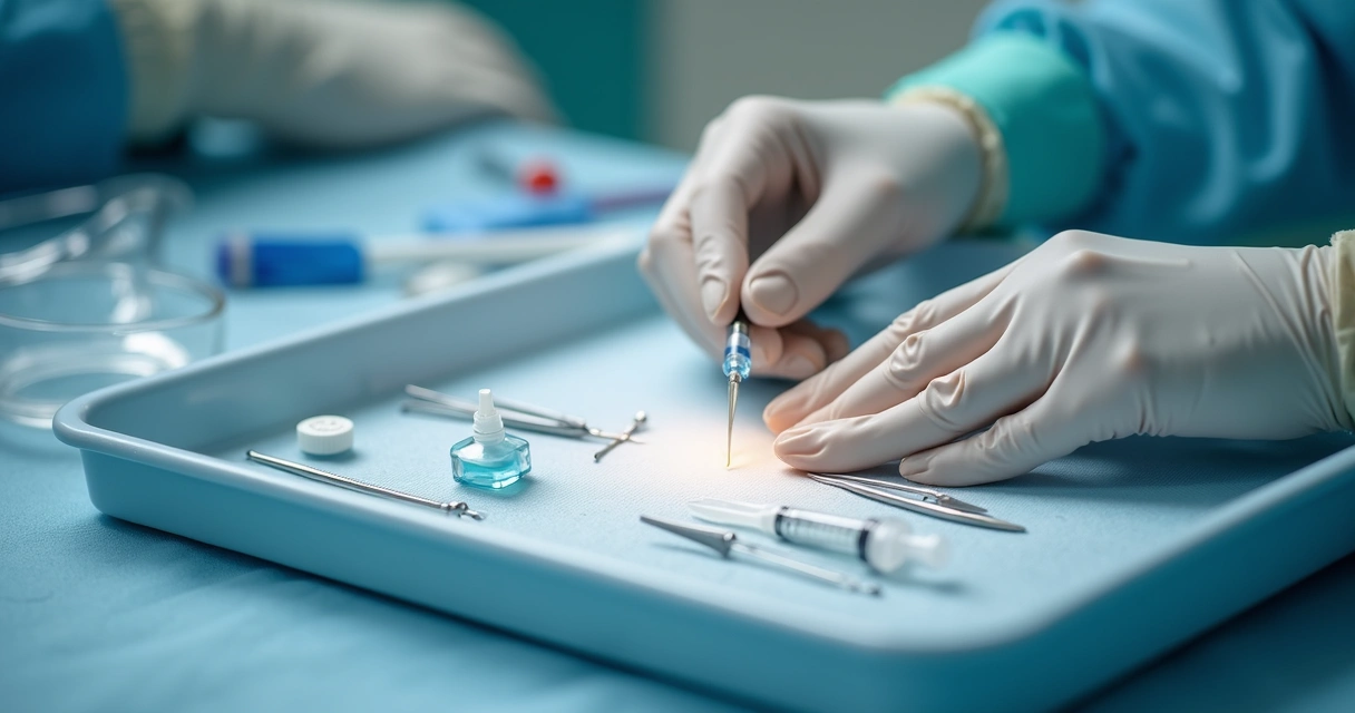 Aplicação de anestesia local em procedimento íntimo com materiais médicos estéreis