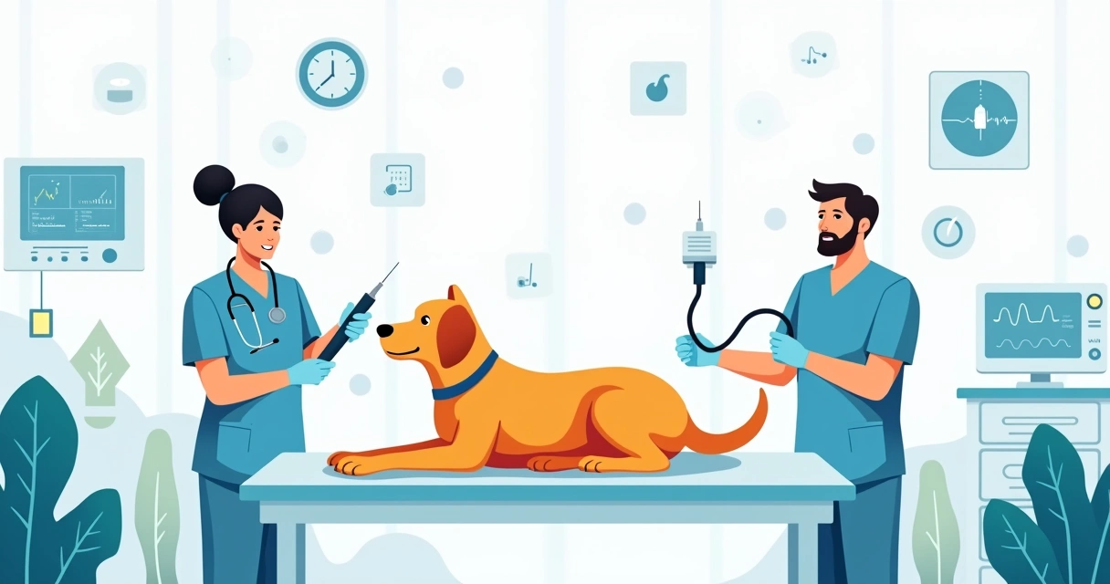 Veterinário avaliando escolha entre anestesia geral e local em cão na mesa de exame 