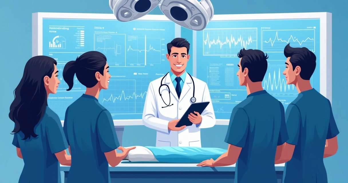 Anestesista veterinário reunido com equipe cirúrgica discutindo em torno de monitor digital 