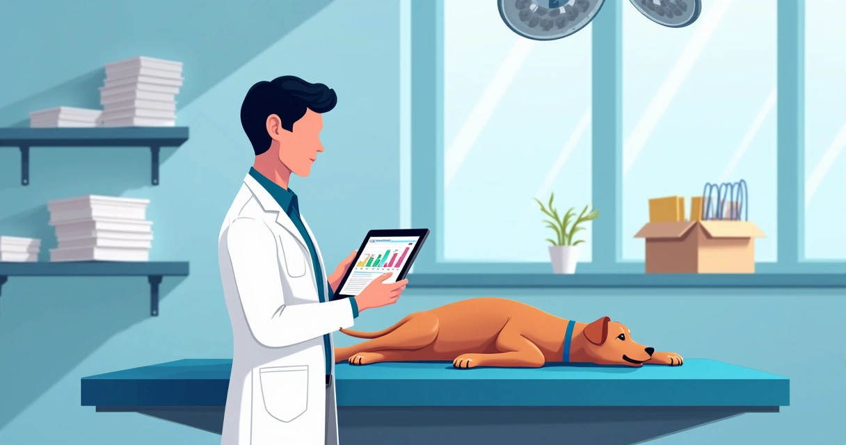 Anestesiologista veterinário digitando dados anestésicos em tablet 