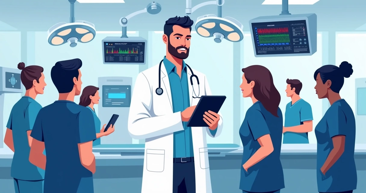Anestesista liderando equipe no centro cirúrgico com tablet digital e monitor multiparamétrico 