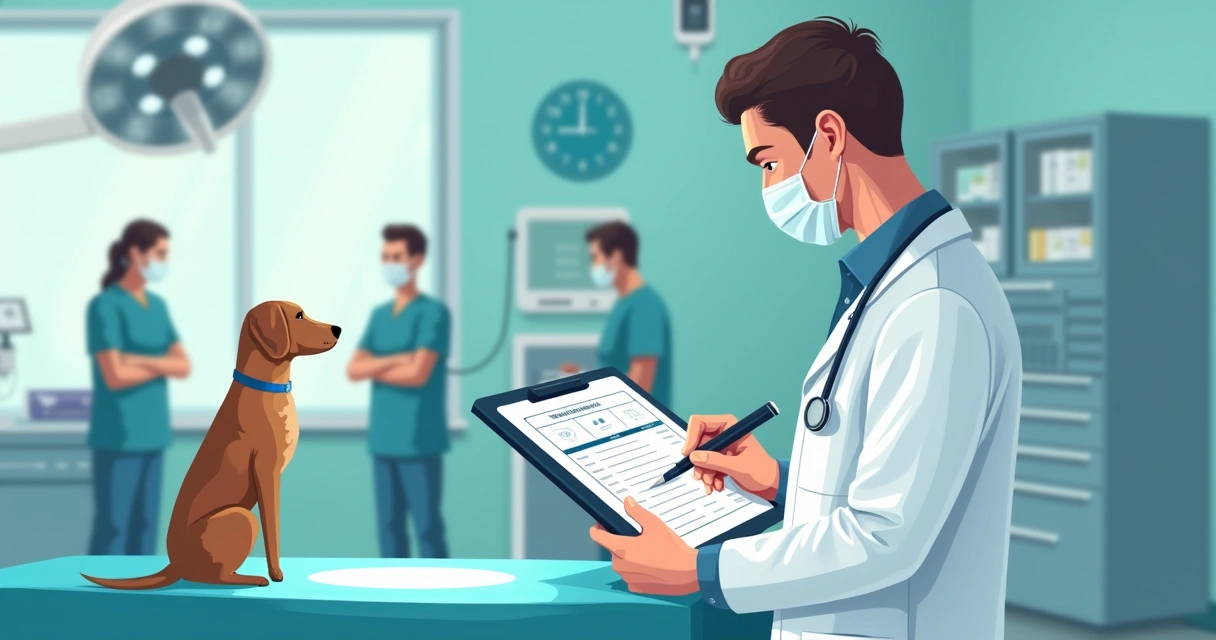 Veterinário preenche ficha anestésica digital em tablet durante cirurgia 