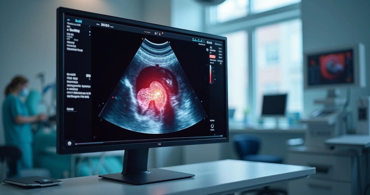 Imagem ultrarresoluta de um exame de ultrassom mostrando a aorta abdominal com aneurisma visível em destaque 