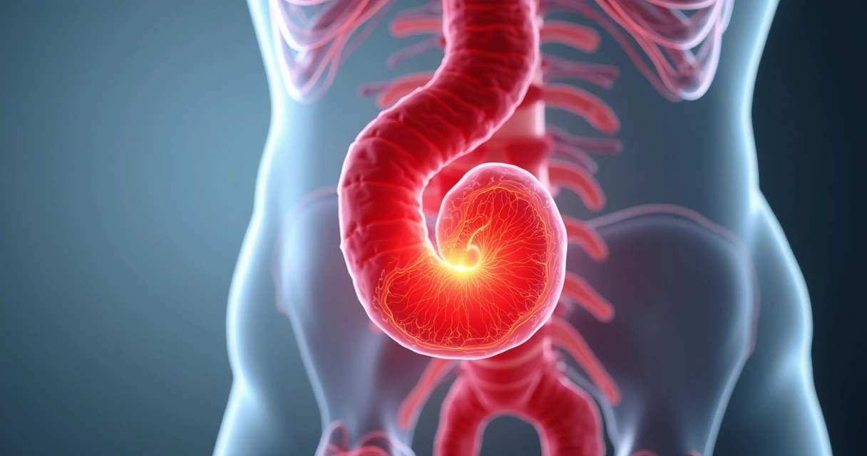 Ilustração detalhada em 3D de artéria aorta abdominal com aneurisma destacado em vermelho 