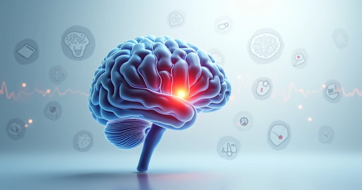 Cérebro humano com aneurisma cerebral destacado e ícones representando mitos e informações corretas 