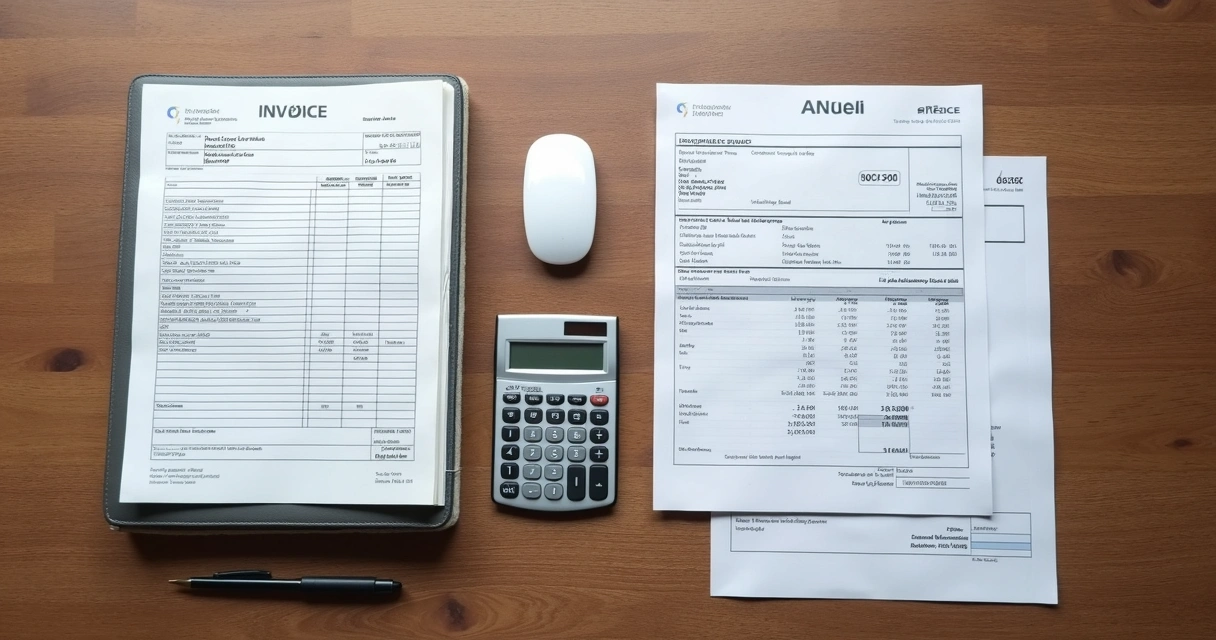 Folha de pagamento, calculadora e notas fiscais lado a lado em mesa de madeira 