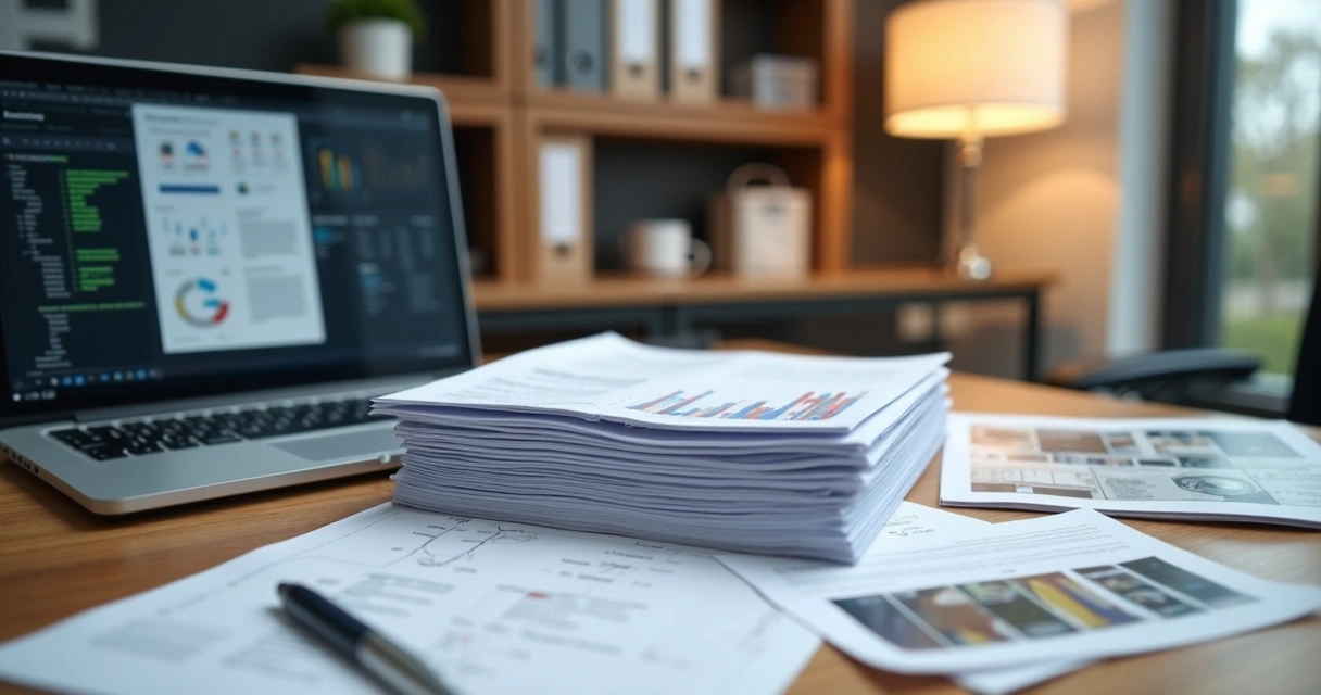 Mesa de escritório com pilha organizada de documentos, notebook e fotos anexadas 