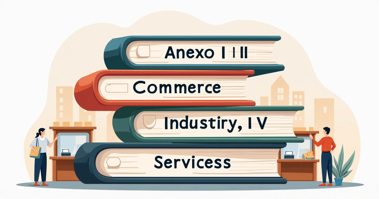 Cinco livros empilhados, cada um com o nome de um anexo do Simples Nacional 