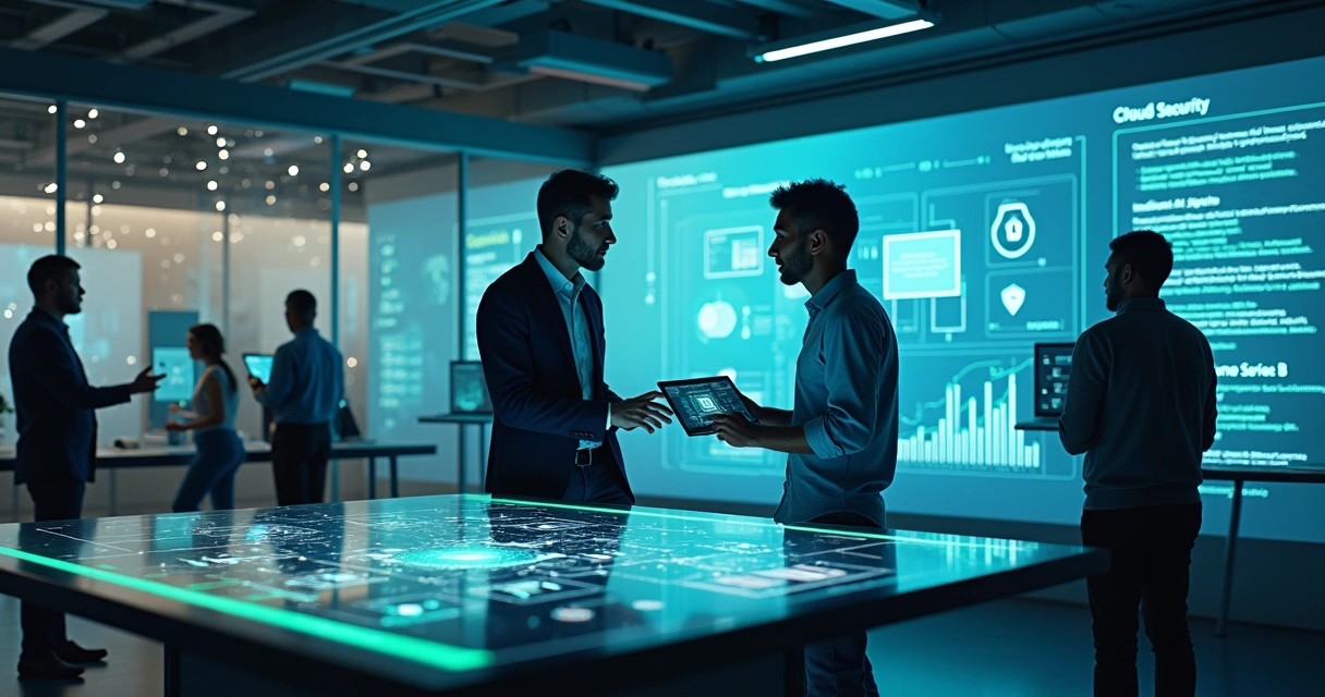 Angel investor guiding cybersecurity founder in futuristic startup lab 