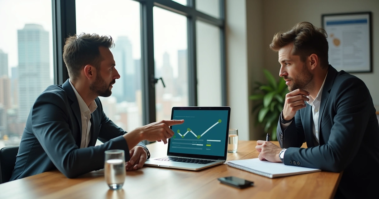 Angel investor in loft office reviewing startup pitch with founder 
