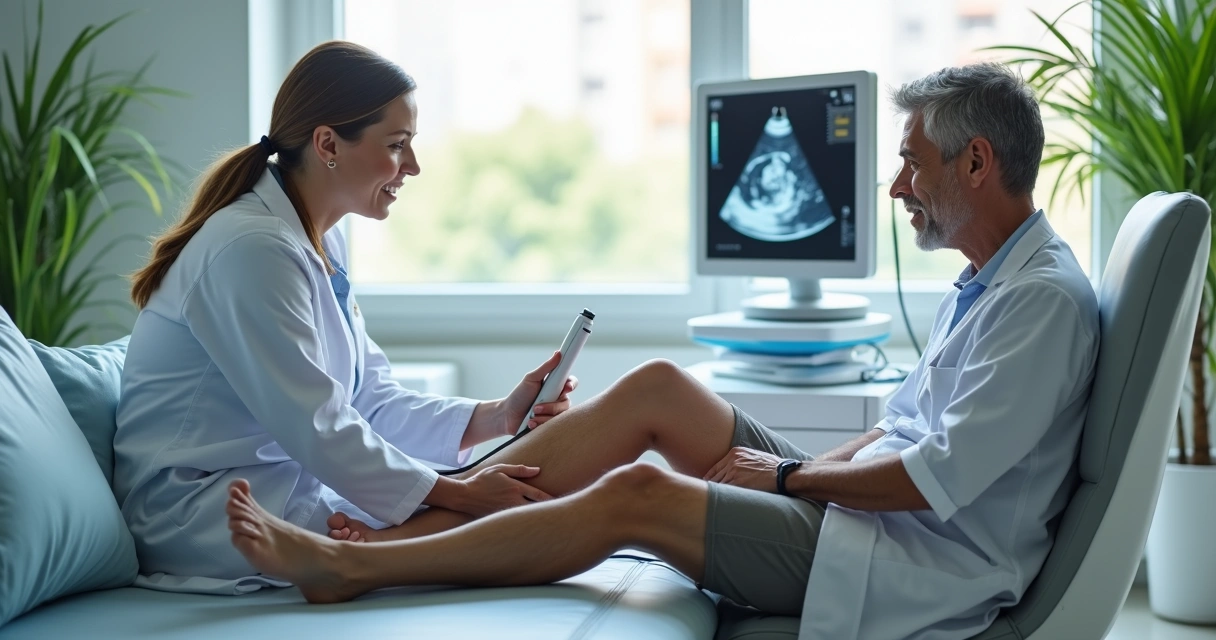 Angiologista em Belém avaliando perna de paciente com ultrassom doppler 