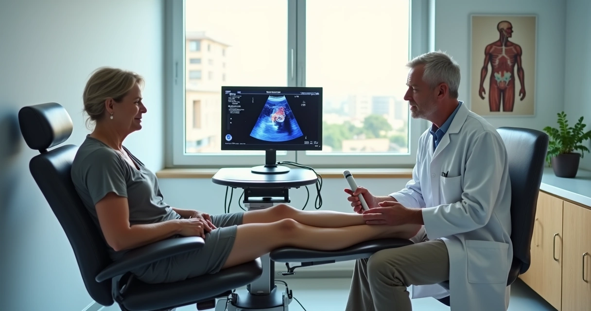 Angiologista avaliando circulação das pernas com ultrassom doppler em consultório em Campinas 