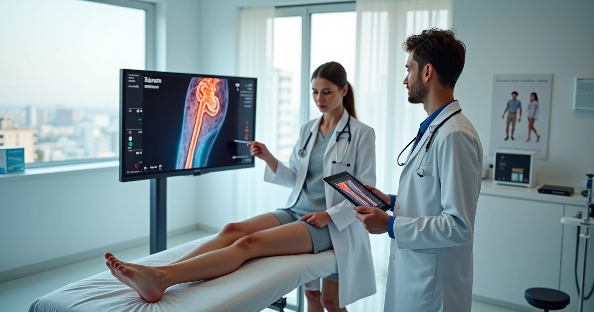 Angiologista e cirurgião vascular analisando exame de perna com varizes em consultório moderno 