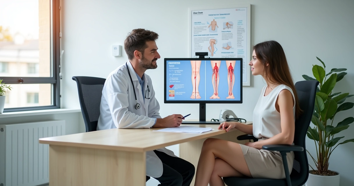 Angiologista explicando tratamento de varizes a paciente em consultório luminoso. 