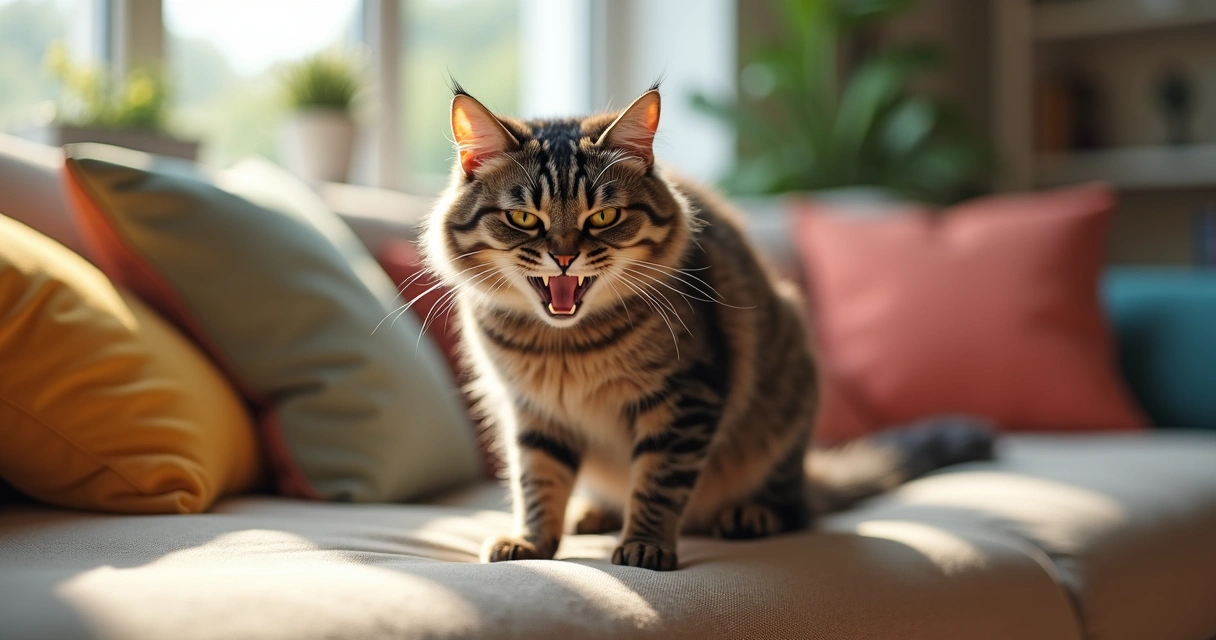 Cat with arched back and hissing posture on a living room sofa 