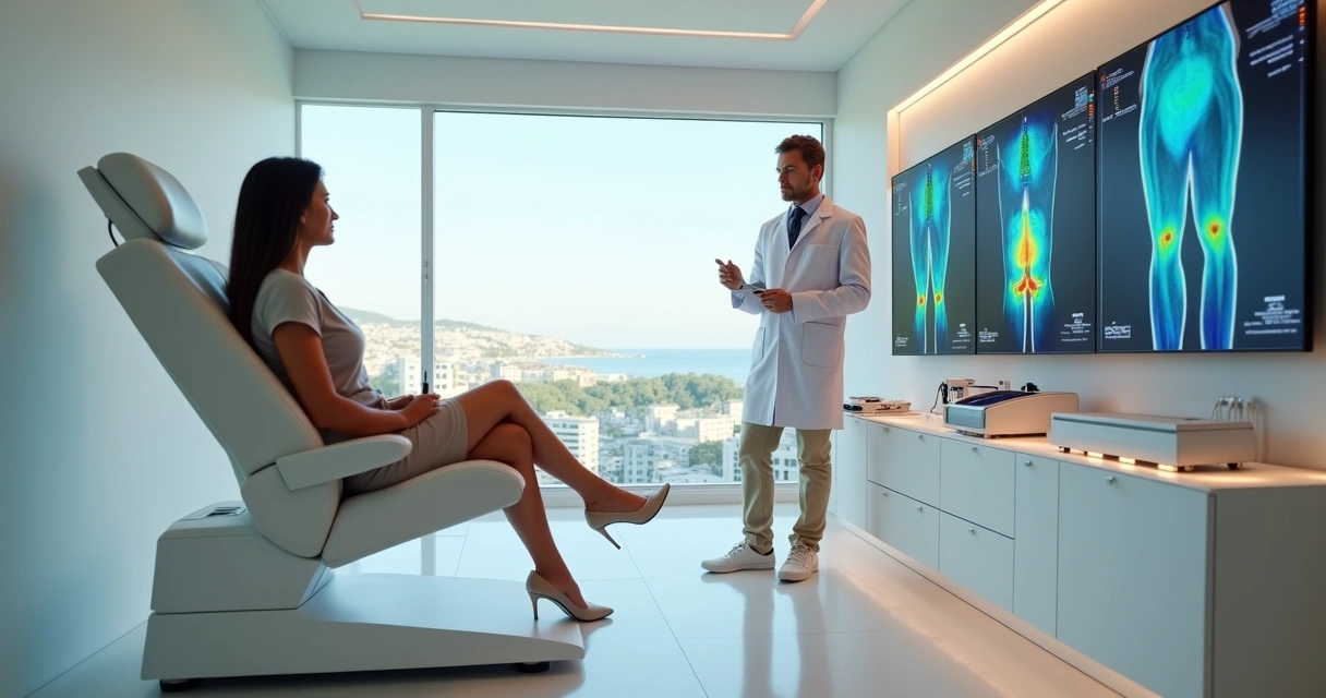 Médico vascular e paciente observando imagem de veias em tela panorâmica 