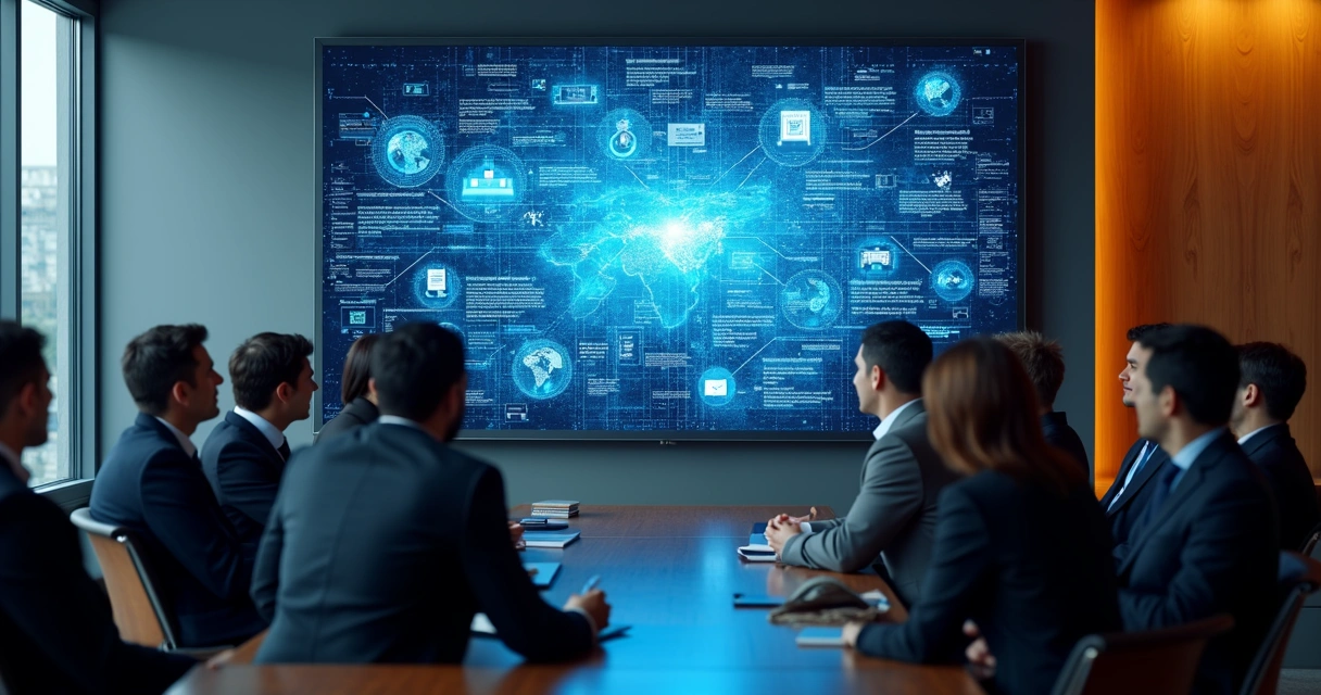 Equipe assistindo animação 3D corporativa em reunião 