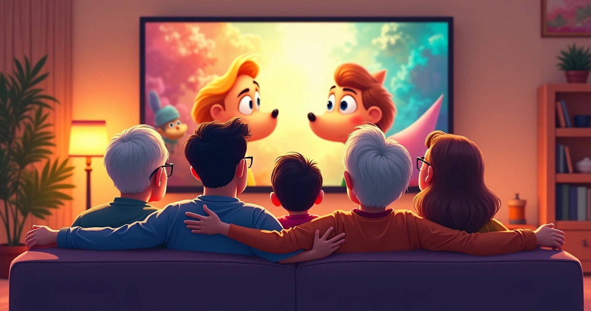 Família de três gerações assistindo juntos a uma animação europeia colorida na sala 