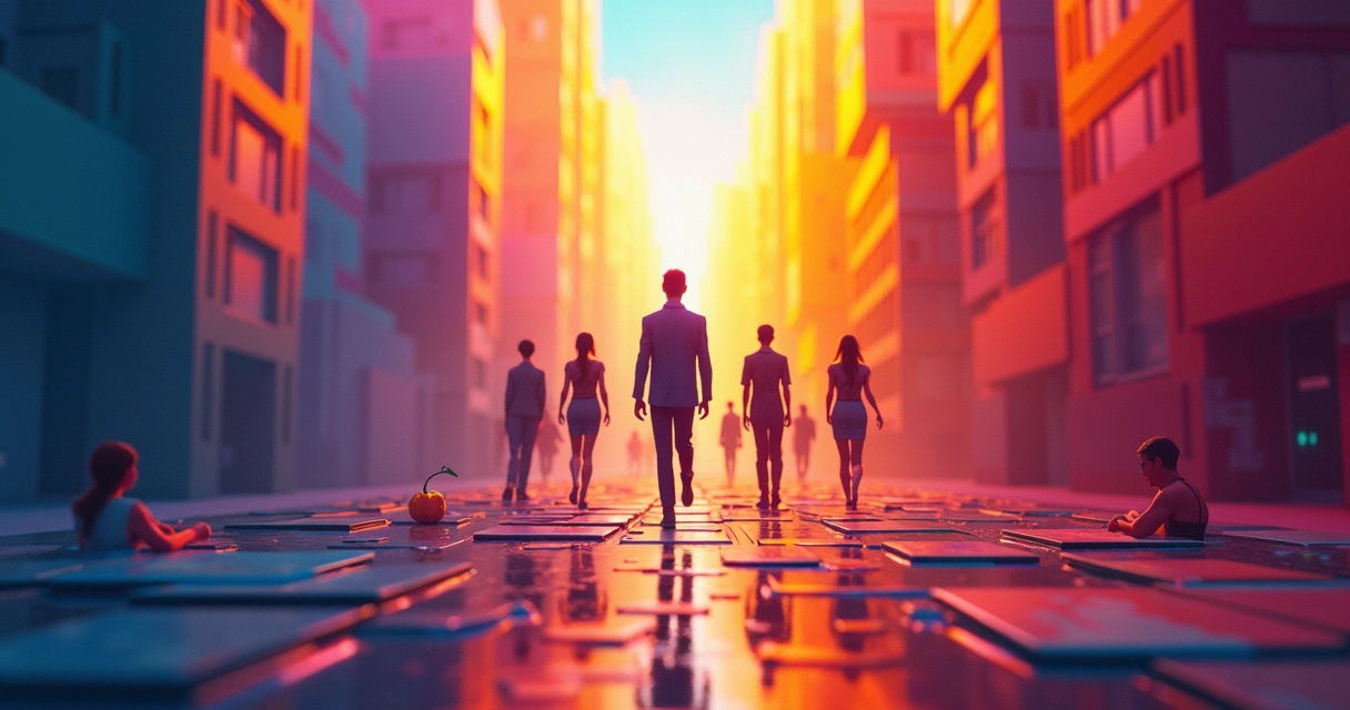 Escena surrealista de película animada para adultos, colores intensos, formas abstractas 