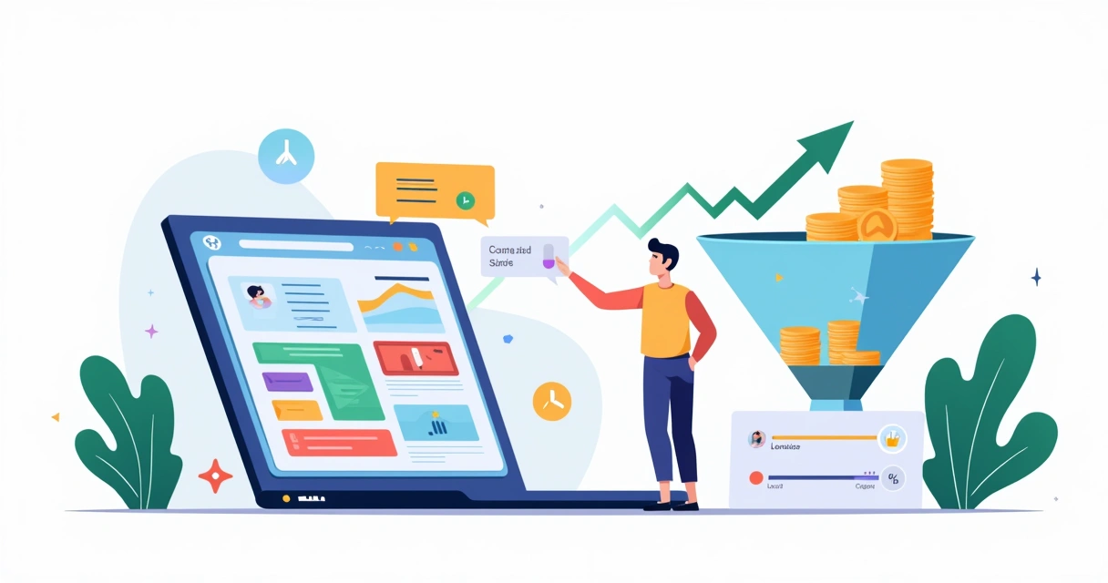 Painel com elementos de landing page animados de forma controlada ao lado de funil de conversão estável 