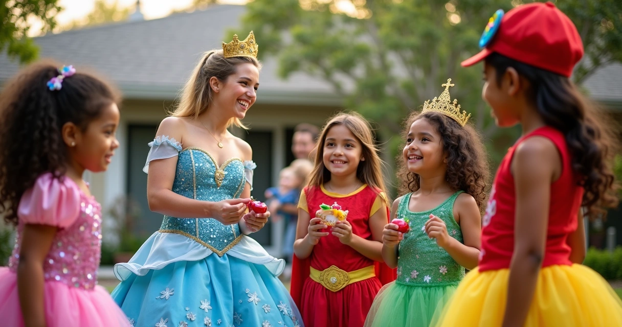 Animadores interagindo com crianças fantasiadas em uma festa 